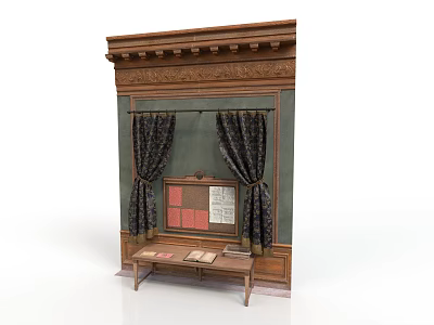 Vintage Wooden Display Corner With Dark Curtains Bulletin Board And Wooden Table Items 3d model