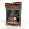 Vintage Wooden Display Corner With Dark Curtains Bulletin Board And Wooden Table Items