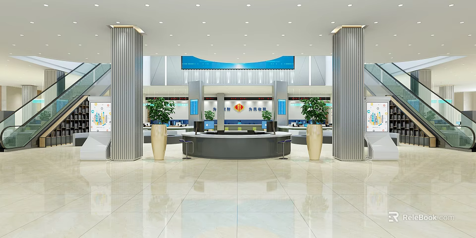 Modern Spacious Public Service Hall Interior With Reception Desk Columns Plants And Escalators 3d model 