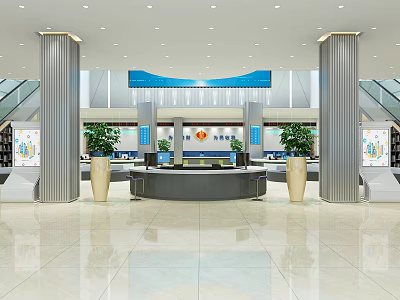 Modern Spacious Public Service Hall Interior With Reception Desk Columns Plants And Escalators 3d model