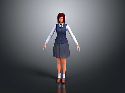 A Woman in School Uniform Wearing White Shirt Dark Blue Vest and Gray Pleated Skirt 3d model