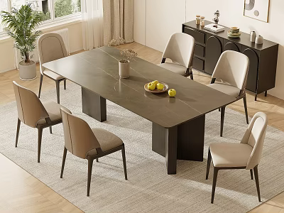 Modern Dining Table Set with Six Upholstered Chairs Light Rug and Sideboard 3d model