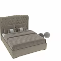 Double Bed With Tufted Beige Headboard Striped Bedspread And Decorative Pillows Button Details 3d model