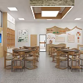 Traditional Cultural Activity Room Interior With Wooden Tables Bookshelves And Digital Screen