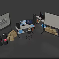 Modern Industrial Equipment Workbench With Large Display Screen Computer Printer Cylindrical Containers And Storage Boxes