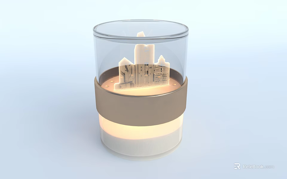 Elegant Decorative Ornament Set with Transparent Glass Container City Skyline Silhouette and Illuminated Base 3d model 