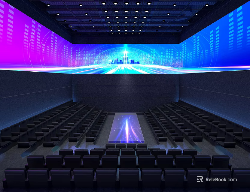 School Modern Auditorium Featuring Large LED Screen Colorful Lighting And Seating Rows 3d model 