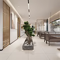 Modern Hotel Lobby Interior With Marble Reception Desk Wooden Shelves And Green Plants