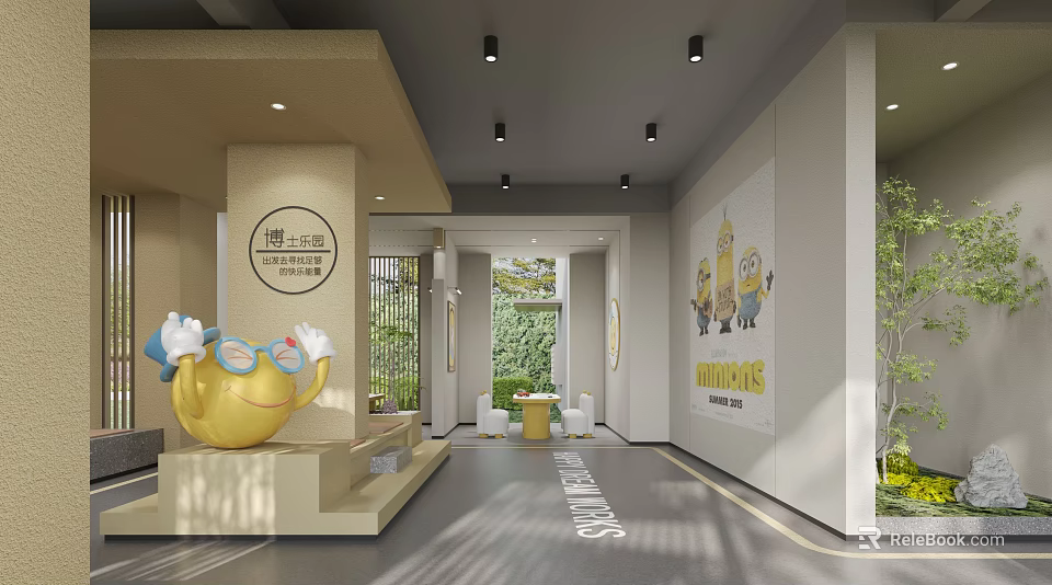 Minions Themed Lobby Interior With Yellow Sculpture And Sunlit Decorative Elements 3d model