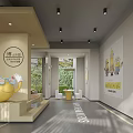 Minions Themed Lobby Interior With Yellow Sculpture And Sunlit Decorative Elements 3d model