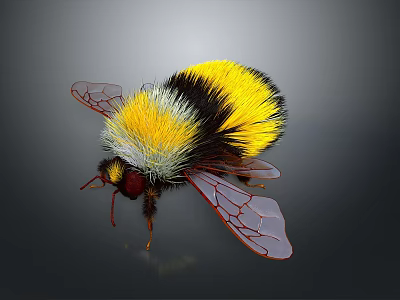 Fluffy Yellow And Black Bumblebee With Transparent Red Veined Wings On Dark Background 3d model