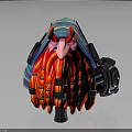 Vibrant Biomechanical Character Creature with Long Red Orange Striped Hair and Mechanical Headgear Purple Accents