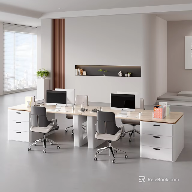 Bright Modern Four Person Office Desks With Side Storage Cabinets And Ergonomic Rolling Chairs 3d model 