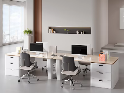 Bright Modern Four Person Office Desks With Side Storage Cabinets And Ergonomic Rolling Chairs 3d model