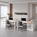 Bright Modern Four Person Office Desks With Side Storage Cabinets And Ergonomic Rolling Chairs
