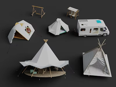 White Canvas Teepee Tents With Interior Camping Gear RV Swing And Wooden Cabin 3d model