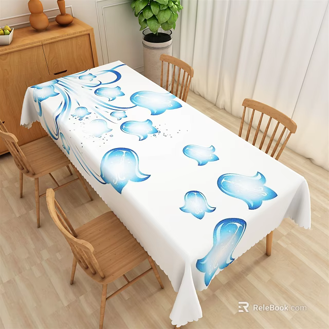 Dining Table Set With White Tablecloth Blue Jellyfish Pattern And Wooden Chairs 3d model 