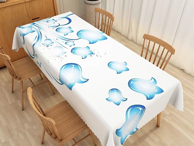 Dining Table Set With White Tablecloth Blue Jellyfish Pattern And Wooden Chairs 3d model