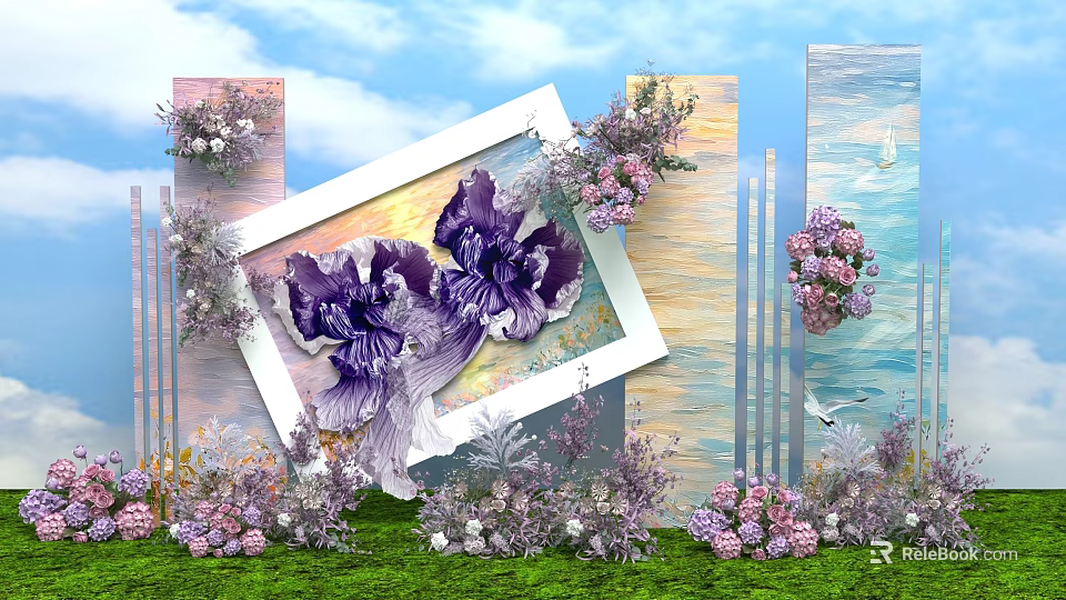 Floral Art Installation Featuring Purple Iris Flowers Pink White Blooms Framed Design Blue Sky Green Grass 3d model 