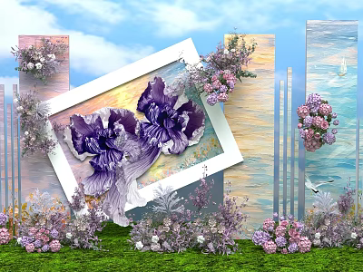 Floral Art Installation Featuring Purple Iris Flowers Pink White Blooms Framed Design Blue Sky Green Grass 3d model