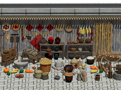 Traditional Industrial Equipment Display With Various Tools Containers And Produce On Shelves Walls 3d model