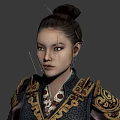 Woman In Decorative Armor With Sword And Unique Hairstyle Standing In Traditional Outfit