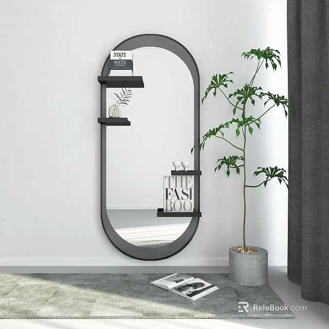 Oval Black Mirror With Shelves Decorative Items And Tall Green Plant In Gray Planter 3d model 