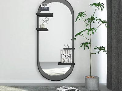 Oval Black Mirror With Shelves Decorative Items And Tall Green Plant In Gray Planter 3d model