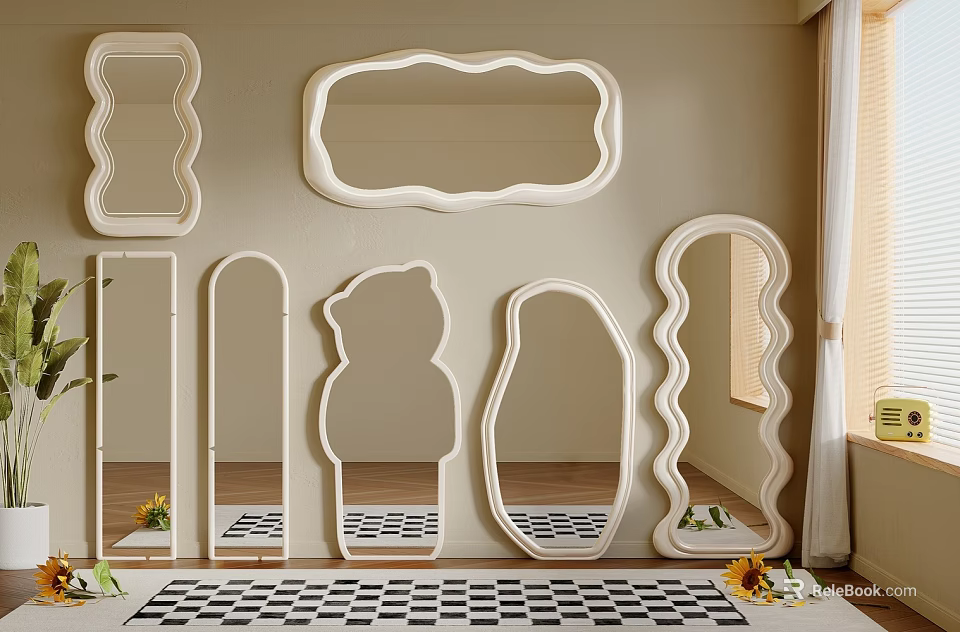 Decorative Mirrors of Various Shapes on Wall With Checkered Rug Sunflowers and Plants 3d model 