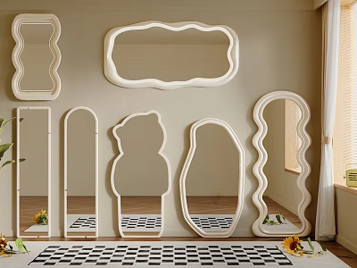 Decorative Mirrors of Various Shapes on Wall With Checkered Rug Sunflowers and Plants 3d model