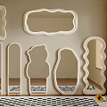 Decorative Mirrors of Various Shapes on Wall With Checkered Rug Sunflowers and Plants
