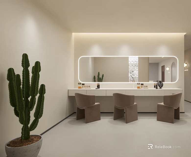 Modern Minimalist Dressing Table With Large LED Light Mirror And Comfortable Upholstered Chairs For Beauty Room 3d model 
