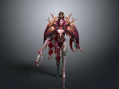 Fantasy Woman in Elaborate Red and Gold Costume With Crown and Wing Like Structures 3d model