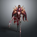 Fantasy Woman in Elaborate Red and Gold Costume With Crown and Wing Like Structures