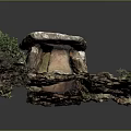 Natural Stone Structure with Green Plants and Rocky Ground Outdoor Scene