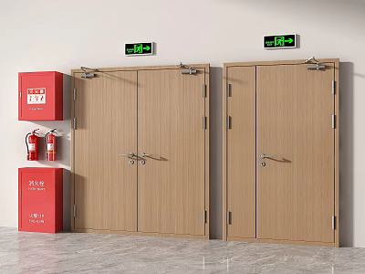 Wooden Double Doors With Exit Sign Fire Hydrant And Fire Extinguisher 3d model