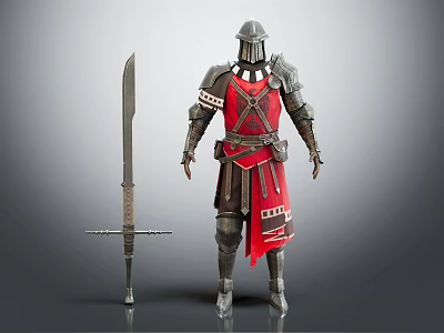 Medieval Knight Armor With Red Cloth And Long Sword On Gray Surface 3d model