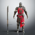 Medieval Knight Armor With Red Cloth And Long Sword On Gray Surface