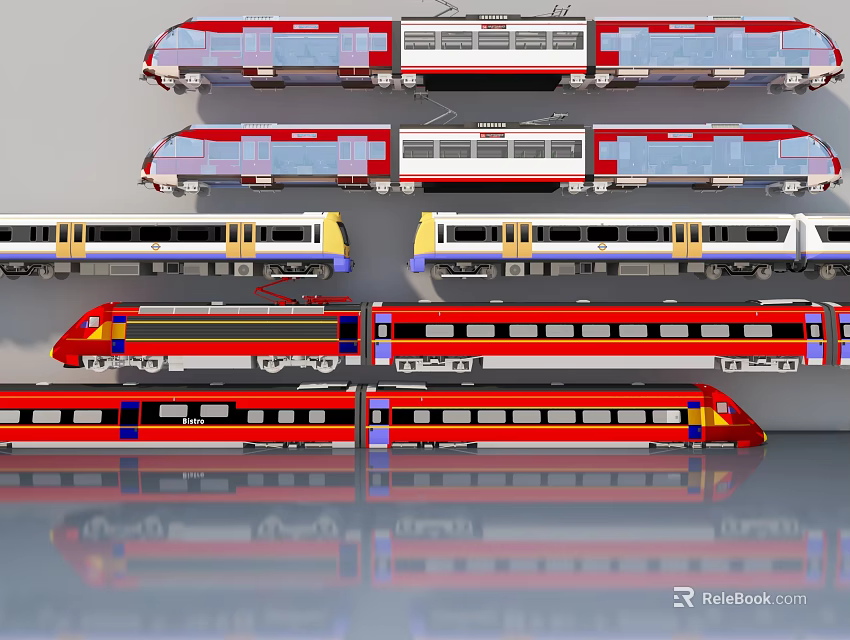 Colorful Train Models in Various Colors Arranged on Grey Background with Reflections 3d model