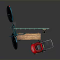 Colorful Outdoor Garden Scene With Green Fence Bicycle Bench Red Lawnmower And Shovel