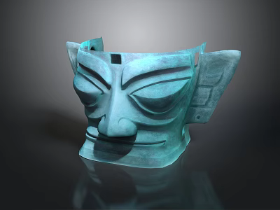 Ancient Bronze Mask Sculpture With Unique Facial Features And Cultural Design 3d model