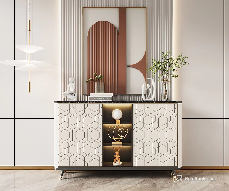 Modern Entryway Console Side Cabinet With Geometric Pattern Mirror Green Plant And Decorative Items 3d model