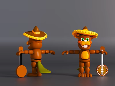 Cute Brown Dolls Wearing Yellow Sombreros Green Eyes Smiling Face And Musical Instruments 3d model