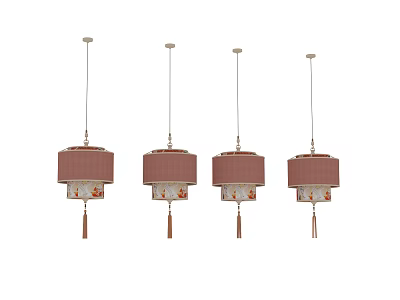 Four Brown Square Pendant Lights With Patterned Shades And Tassel Decorations 3d model
