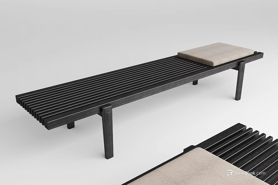 Modern Black Public Bench With Slatted Seat And Light Colored Cushion 3d model 