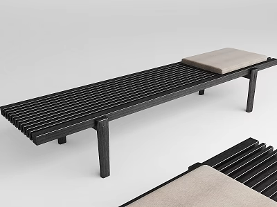 Modern Black Public Bench With Slatted Seat And Light Colored Cushion 3d model