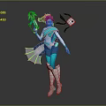 Sci Fi Biomechanical Character Wearing Blue White Outfit Holding Green Glowing Weapon And Back Wings