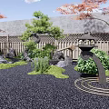 Zen Courtyard Garden With Japanese Maple Trees Bamboo Fence Stone Lantern And Pebble Path
