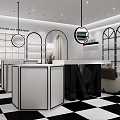 Elegant Modern Boutique Store With Arched Doorways Round Pendant Lights Sofa Display Shelves Checkered Floor