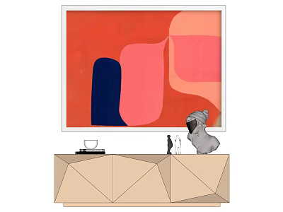 Abstract Painting With Red Pink Blue Geometric Shapes Above Cabinet And Teacup Figurines Plush Toy 3d model